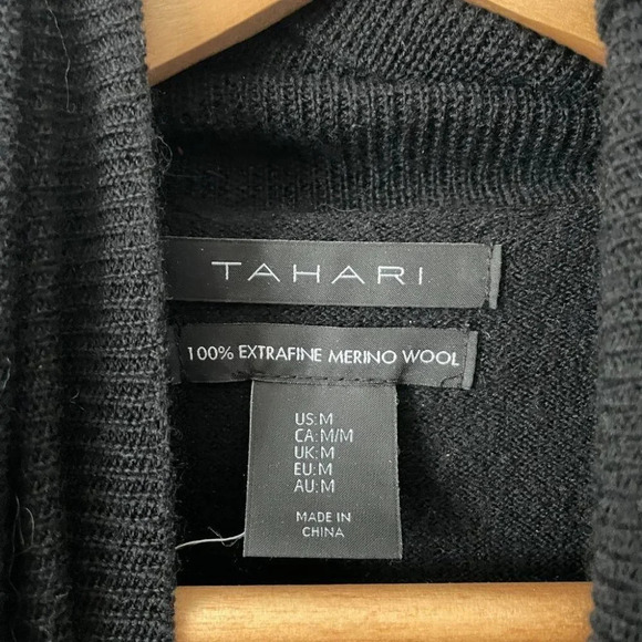 Tahari 100% Extra Fine Merino Wool Turtleneck Tie Sweater w/ Slit Black Medium - Picture 4 of 4